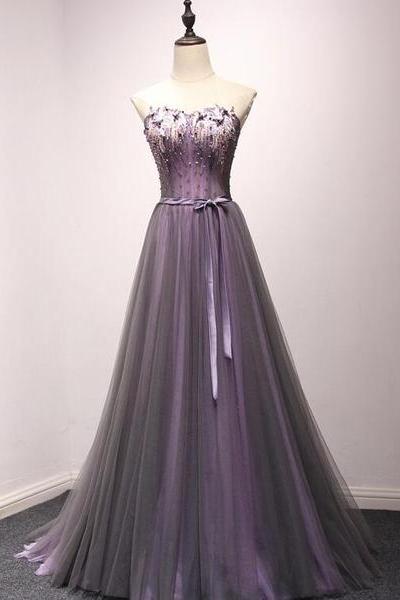 Dark Purple Long Formal Gown, Charming Tulle Elegant Party Dress