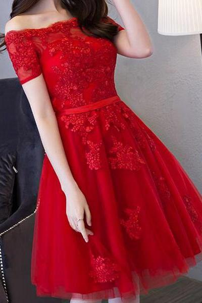 Red Short Sleeves Applique And Tulle Prom Dress, Red Formal Dress