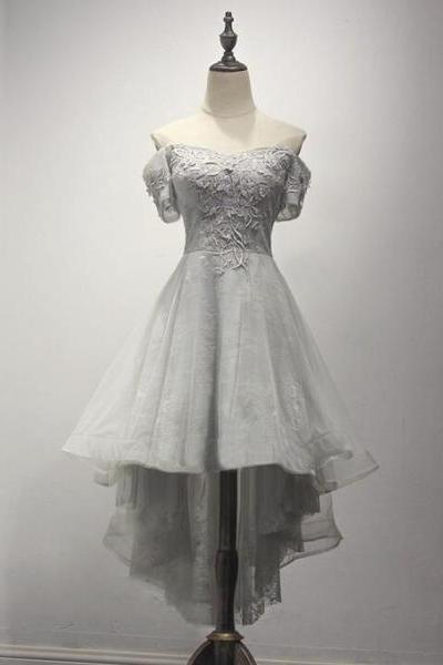 Grey Off Shoulder Lace And Tulle High Low Homecoming Dress, Cute Junior Prom Dress