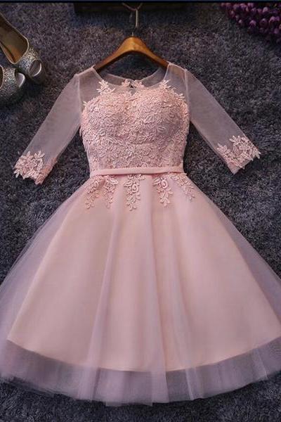 Pink Short Sleeves Tulle With Lace Applique Wedding Party Dress, Lovely Junior Prom Dress
