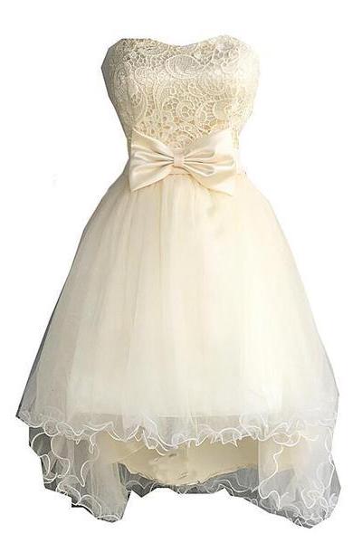 Lovely Champagne Sweetheart High Low Tulle And Lace Party Dress, Teen Cute Party Dress