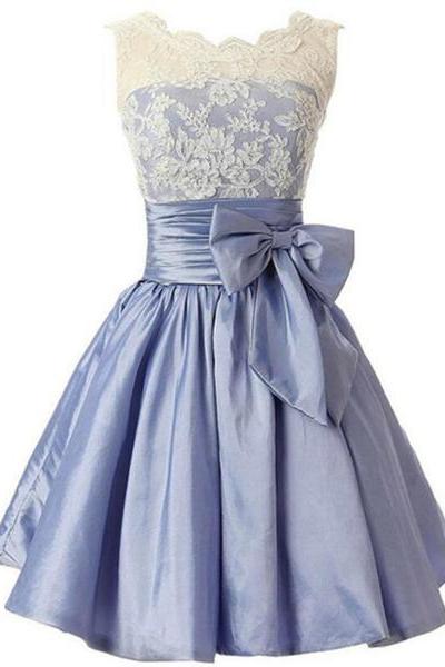 Lovely Light Blue Taffeta With Lace Applique Wedding Party Dress, Blue Bridesmaid Dress