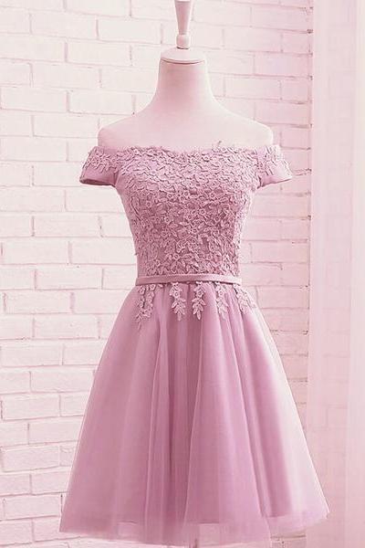 Cute Dark Pink Off Shoulder Tulle Party Dress With Lace Applique, Formal Gown