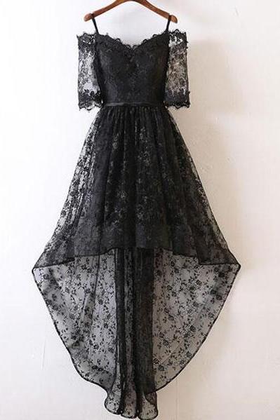 Stylish Off-shoulder Black Lace High Low Prom Dress , Black Evening Party Dress
