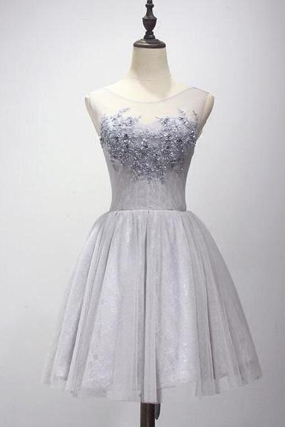 Light Grey Short Applique And Lace Homecoming Dress, Short Prom Dress