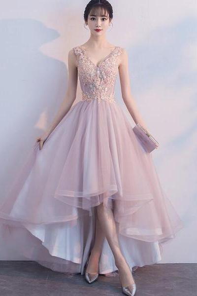 Pink V-neckline High Low Fashionable Party Dress, Pink Prom Dress