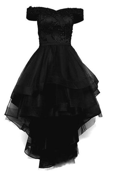 Black Off Shoulder Tulle And Lace High Low Homecoming Dress , Black Prom Dress