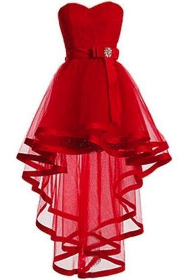 Sweetheart Red Tulle And Lace High Low Party Dress, Lace-up Formal Dress
