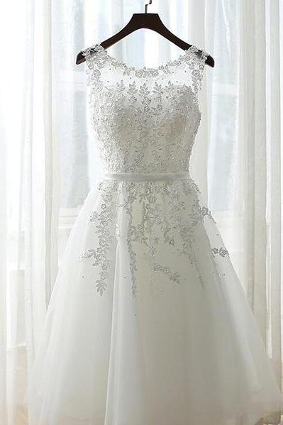 Cute White Simple Tea Length Round Neckline Wedding Party Dress, Prom Dress 