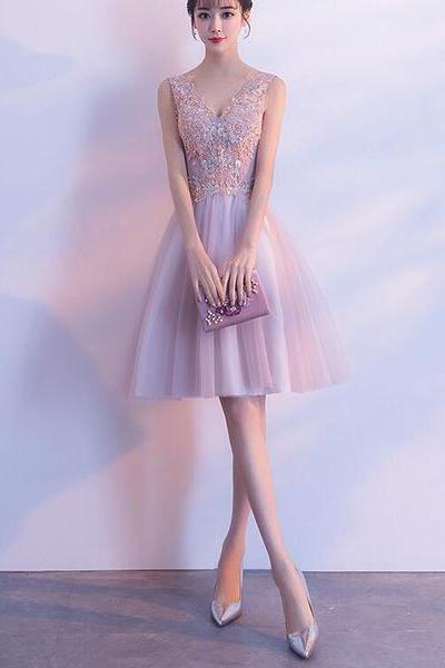 Cute Pink V-neckline Tulle With Lace Applique Wedding Party Dress, Lovely Party Dresses