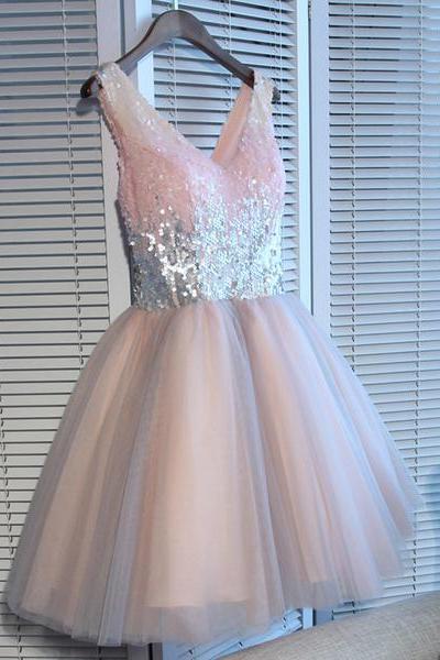 Adorable Pink V--neckline Sequins And Tulle Homecoming Dresses , Cute Prom Dresses
