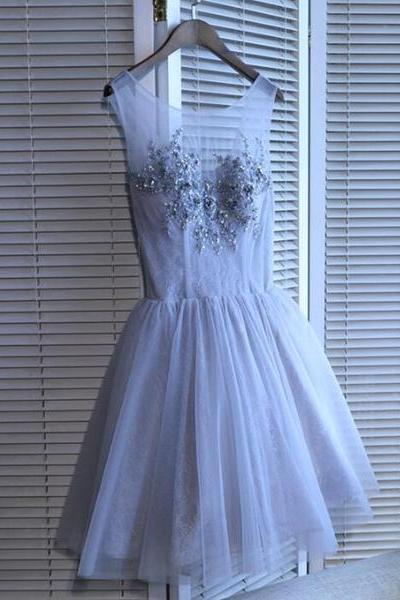Light Grey Tulle Round Neckline Short Party Dresses, Grey Homecoming Dresses
