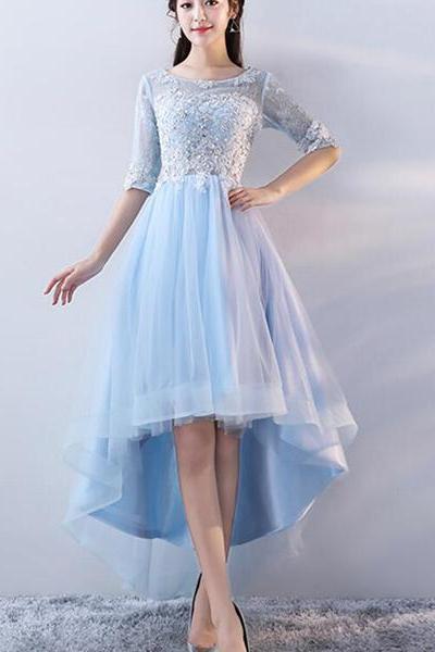 Light Blue Short Sleeves Lace Applique High Low Homecoming Dresses, Light Blue Party Dresses