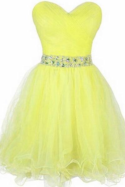 Beautiful Yellow Tulle Sweetheart With Beaded Party Dress, Cute Prom Dresses