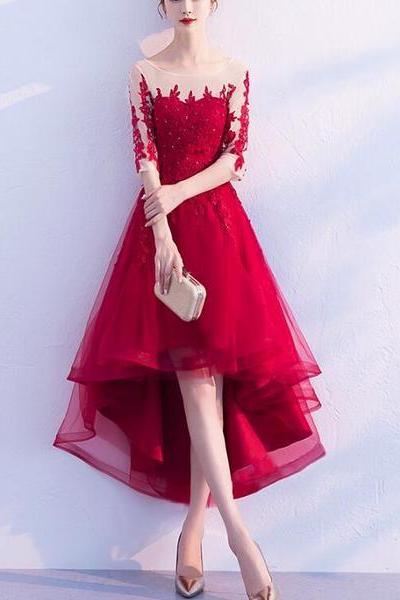 Wine Red High Low 1/2 Sleeves Tulle Prom Dress, Beautiful Homecoming Dresses