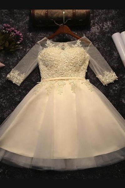 Light Champagne Round Neckline 1/2 Sleeves Tulle Party Dress, Lovely Teen Party Dresses