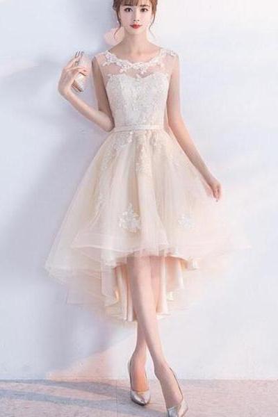 Champagne Lace Round Neckline High Low Tulle Formal Dress, Cute Party Dresses 20019