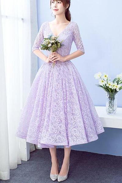 Beautiful Lace Short Sleeves Tea Length Wedding Party Dress, Cute Prom Dress