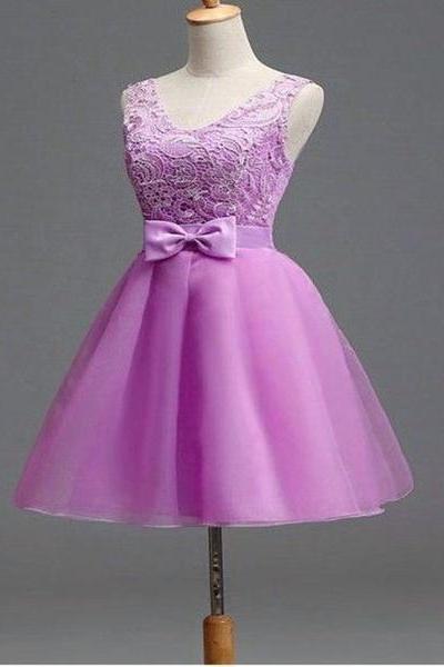 Light Purple Tulle And Lace Cute Party Dress With Bow, Lovely Tulle Party Dress With Lace-up Back