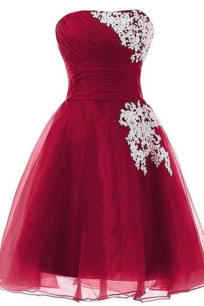 Wine Red Organza Cute Knee Length Short Senior Prom Dress , Formal Dresses
