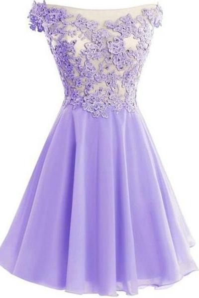 Lavender Chiffon Cap Sleeve Off Shoulder Short Party Dress, Lovely Formal Dress