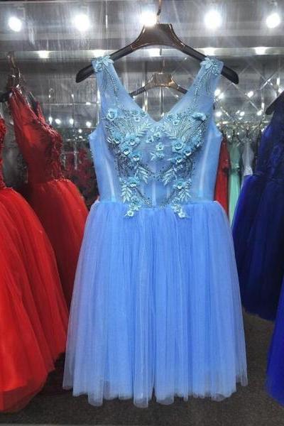 Lovely Blue Tulle Knee Length V-neckline Party Dress, Cute Formal Dress