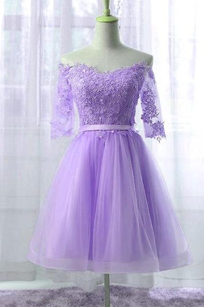 Beautiful Light Purple Tulle Short Sleeves Party Dresses , Knee Length Homecoming Dress