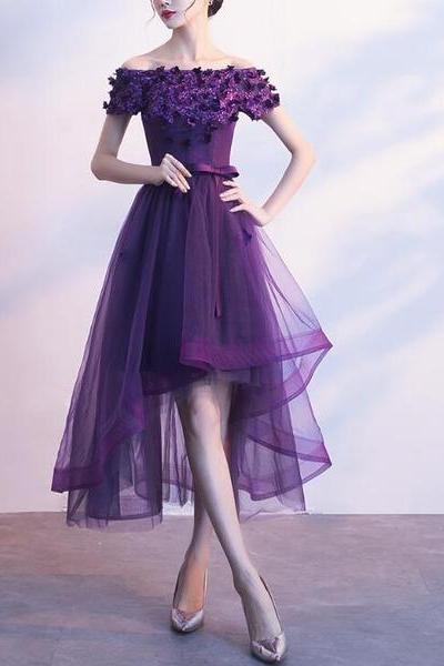Dark Purple Off Shoulder High Low Dress, Beautiful Party Dresses