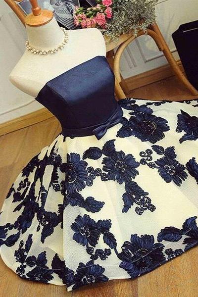 Cute Navy Blue Scoop Satin Party Dress, Short Formal Dress