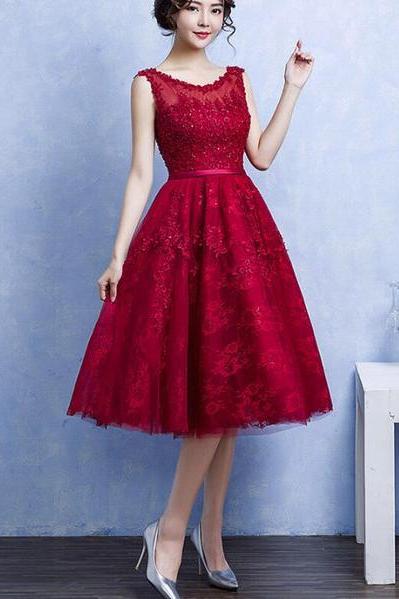 Pretty Handmade Knee Length Dark Red Lace Junior Party Dress, Beautiful Tulle Dress