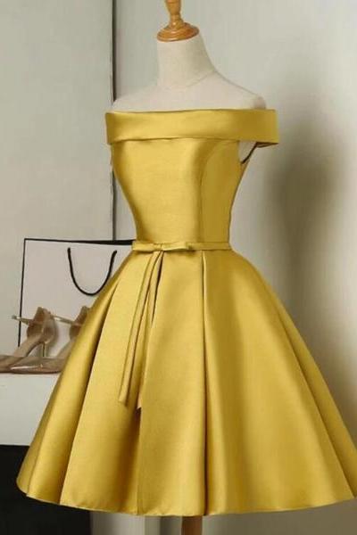 Gold Satin Off Shoulder Short Formal Dress , Lovely Formal Dresses
