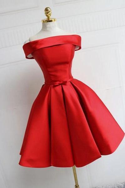 Red Satin Pretty Off Shoulder Knee Length Party Dress , Pretty Party Dress