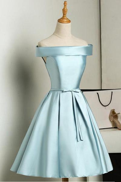 Beautiful Simple Blue Knee Length Satin Off Shoulder Homecoming Dress, Blue Formal Dress