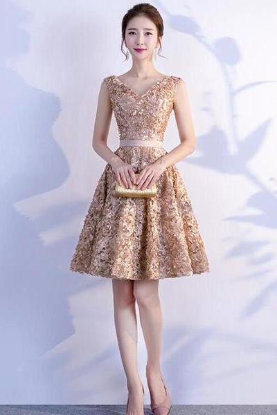 Beautiful Floral V-neckline Knee Length Party Dress, Handmade Party Dresses