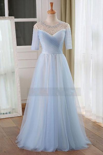 Light Blue Short Sleeves Beaded Charming Floor Length Party Gowns, Bridesmaid Dresses