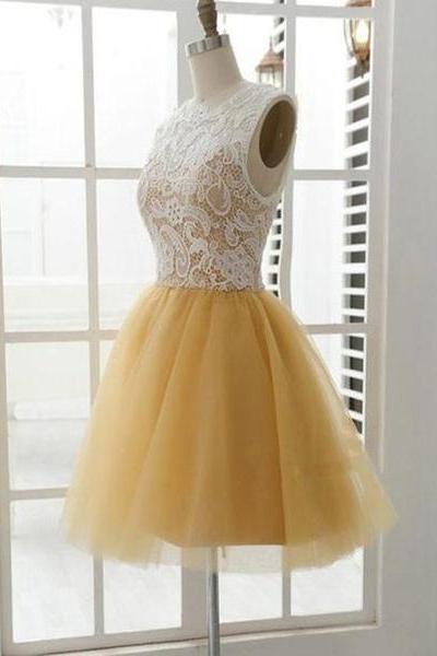 Beautiful Champagne And Tulle Lace Round Neckline Short Party Dress, Lovely Homecoming Dresses