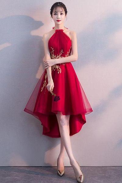 Red High Low Halter Stylish Formal Dress, Cute Party Dresses