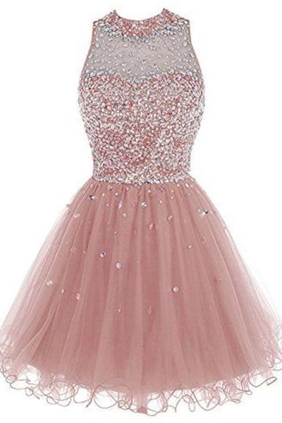 Pink Tulle Round Neckline Short Party Dress, Sequins Party Dress, Handmade Party Dresses