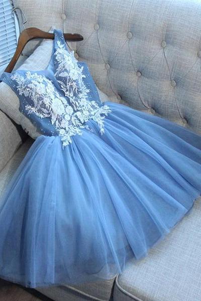 Blue Tulle Lace Applique With Beadings Homecoming Dresses, Blue Party Dresses