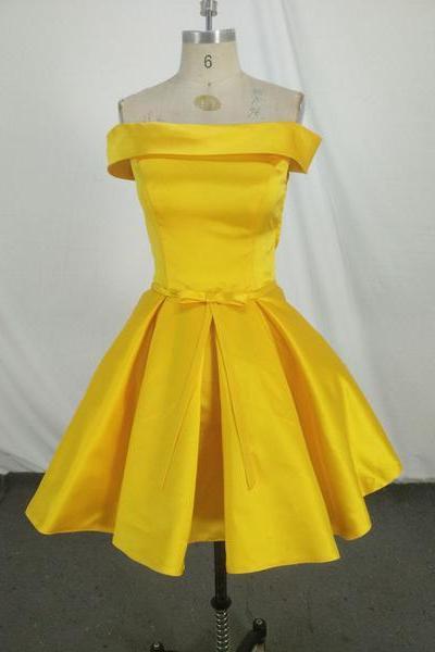 Beautiful Off Shoulder Satin Knee Length Party Dress, Handmade Formal Dress