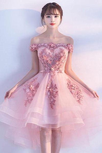 Pink Off Shoulder Tulle High Low Homecoming Dresses, Lovely Party Dress