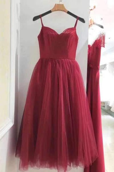 Wine Red Tea Length Sweetheart Straps Wedding Party Dress, Beautiful Formal Gowns