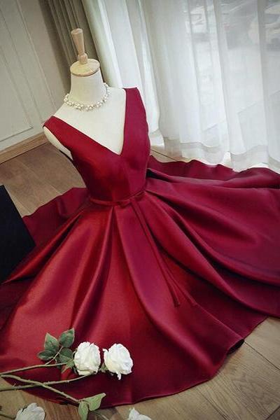 Dark Red V-neckline Knee Length Satin Short Prom Dress, Homecoming Dress