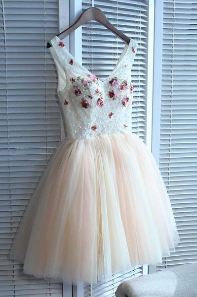 Lovely Tulle V-neckline Tulle Homecoming Dresses, Tulle Pink Cute Party Dress
