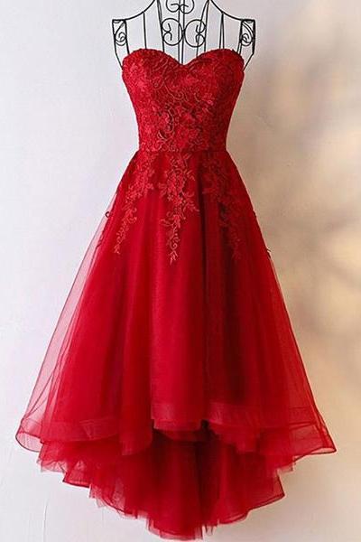 Red Sweetheart High Low Tulle And Lace Party Dress , Cute Formal Gowns