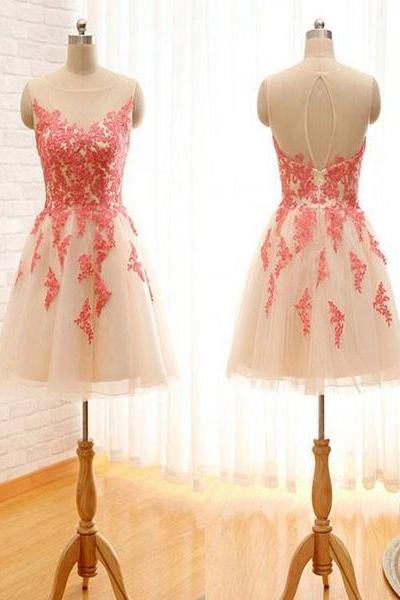 Light Champagne Short Tulle Party Dress With Pink Lace Applique, Homecoming Dress