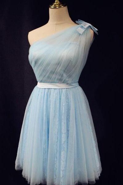 Light Blue One Shoulder Tulle And Lace Homecoming Dress, Bridesmaid Dress