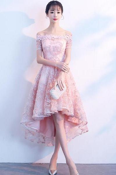 Light Pink Lace Off Shoulder High Low Party Dress, Pink Homecoming Dresses