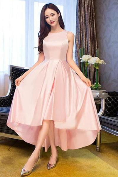 Light Pink Round Neckline High Low Simple Party Dress, Pink Style Homecoming Dress