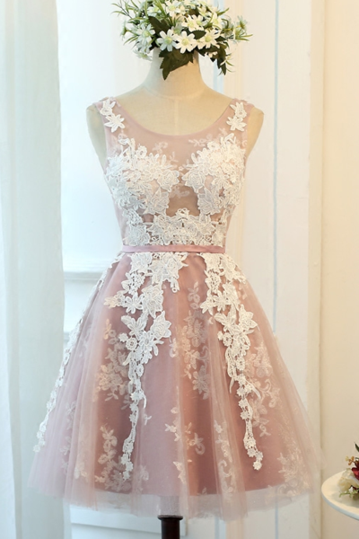 Dark Pink Tulle Round Neckline Short Party Dress With Applique, Lovely Homecoming Dress